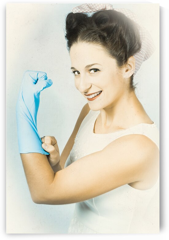 Pinup housewife flexing muscles. Cleaning strength by Jorgo