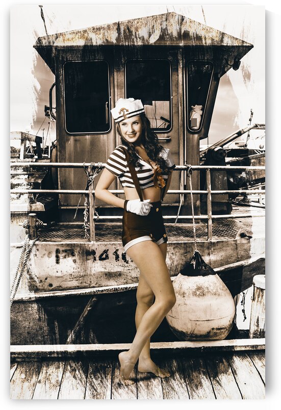 Brunette wwII pinup lady standing by naval boat by Jorgo
