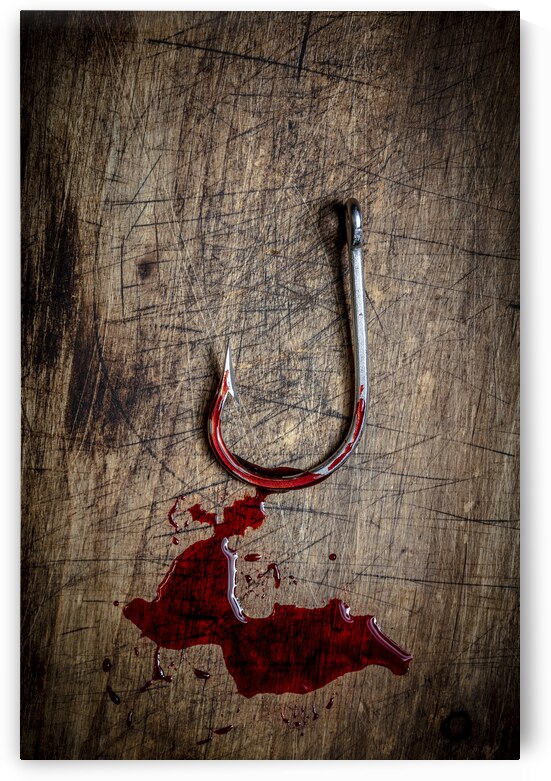 bloody steel hook on wooden bottom by Gualtiero Boffi