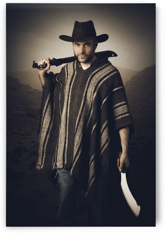 portrait of man with leather hat and machete by Gualtiero Boffi