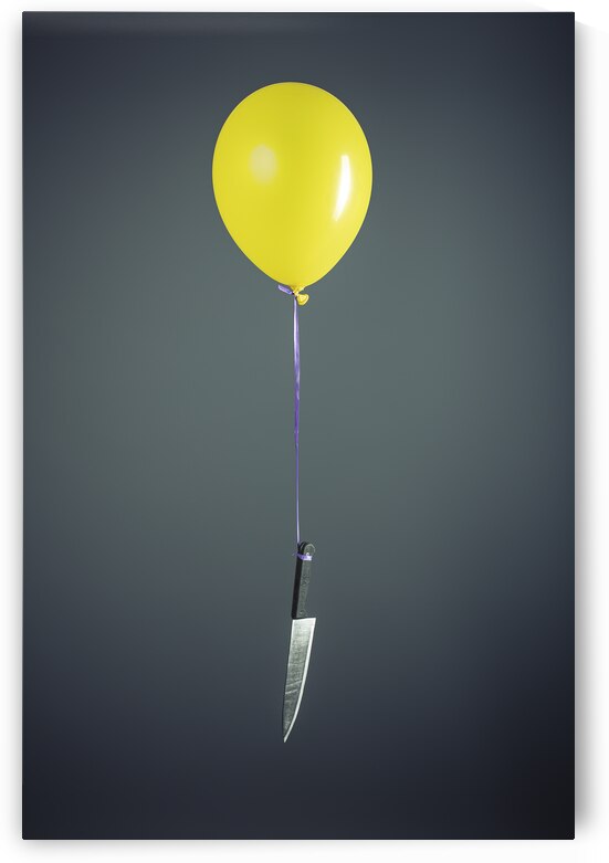 Large knife tied to a yellow balloon by Gualtiero Boffi