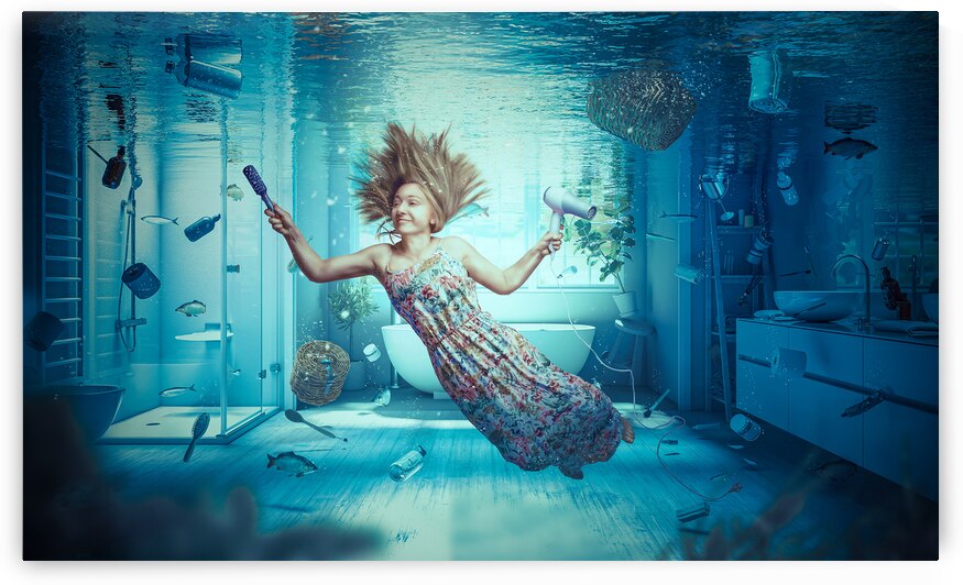 woman floating in a flooded bathroom.  by Gualtiero Boffi