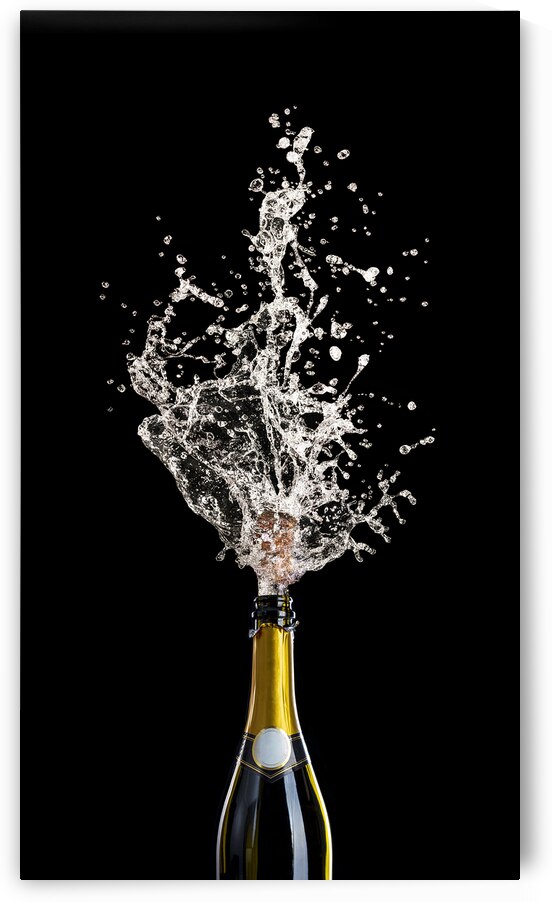 champagne bottle with cork flying with splashing liquid on black by Gualtiero Boffi
