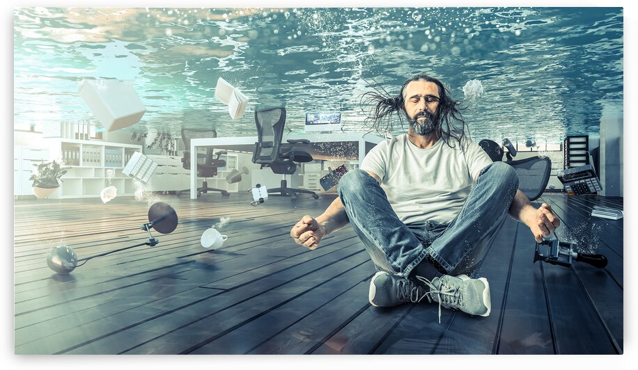 man sitting underwater who relaxes in a yoga position.  by Gualtiero Boffi