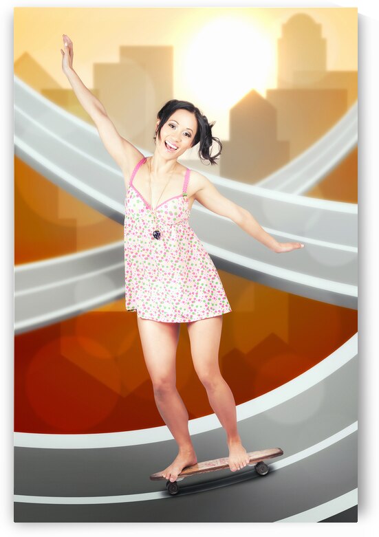 Beautiful smiling skater woman. City skateboarding by Jorgo