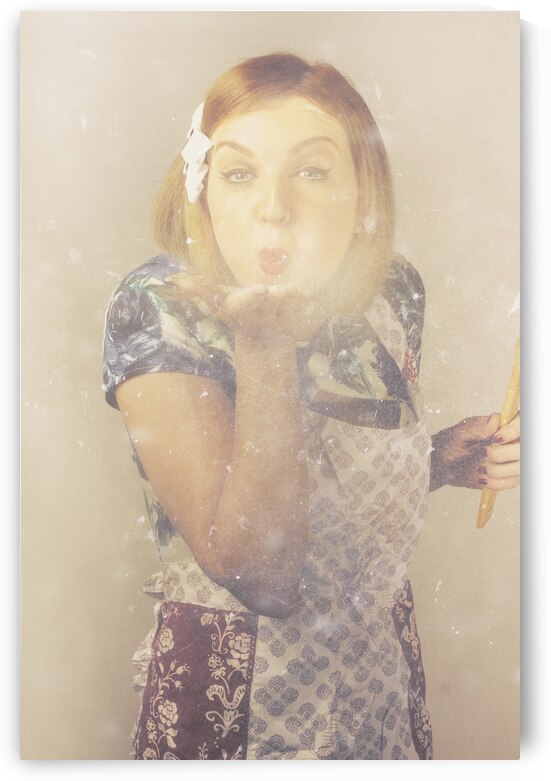 Vintage cookery girl baking with pinch of flour by Jorgo