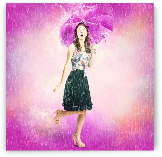 Pin-up girl in rain downfall. Hop skip and jump by Jorgo