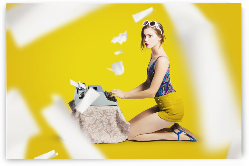 Pinup typist writing story on typewriter by Jorgo