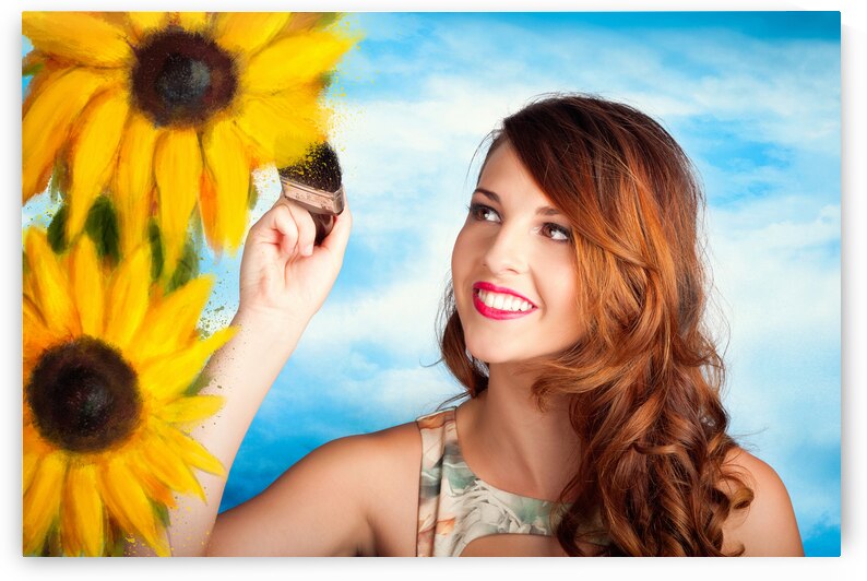 Female artist drawing sun flowers during summer by Jorgo