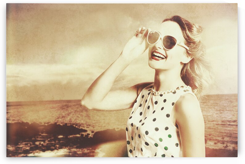 Happy nostalgic pinup traveller at Redcliffe beach by Jorgo