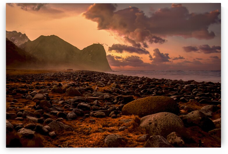 Lofoten Unstad Beach  Boulders at Winter Sunset by Norma Brandsberg Photography