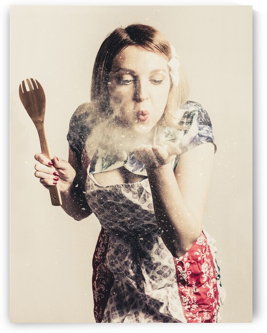 Retro cooking woman giving recipe kiss by Jorgo