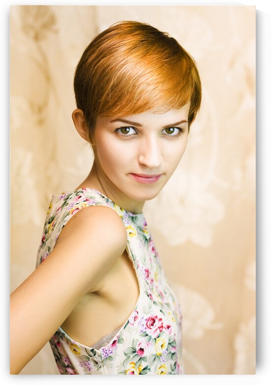 Short haired girl in floral dress by Jorgo