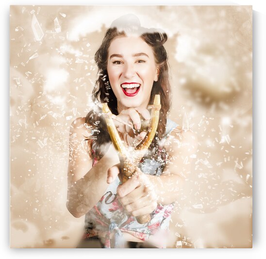 Pinup woman shooting rocks with toy slingshot by Jorgo