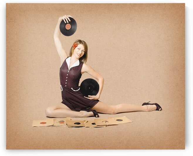 Glamorous pinup girl holding vinyl LP records by Jorgo