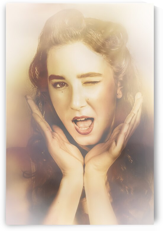 Winking pinup woman with retro hair and makeup by Jorgo