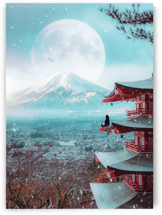 Black cat sitting on the roof of a Japanese temple and Mount Fuji by Gen Z