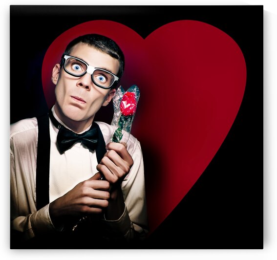 Romantic Nerd Holding Rose On Love Heart Background by Jorgo