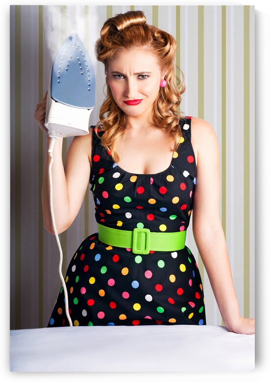 Funny 50s Pinup Girl Holding Steaming Hot Iron by Jorgo
