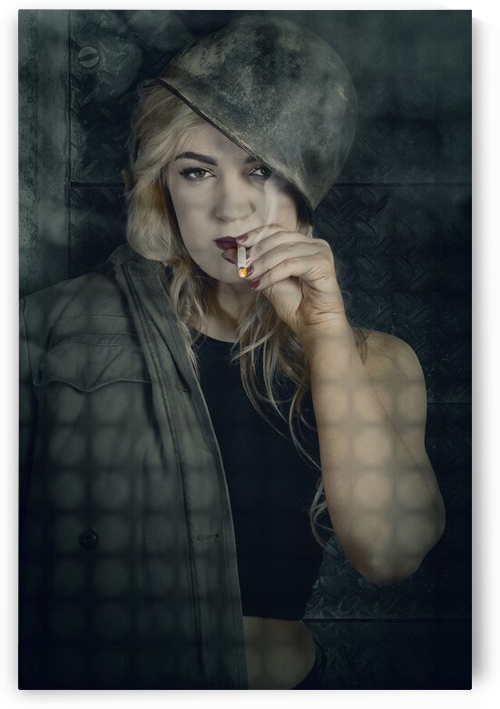 Female pinup soldier smoking cigarette in foxhole by Jorgo