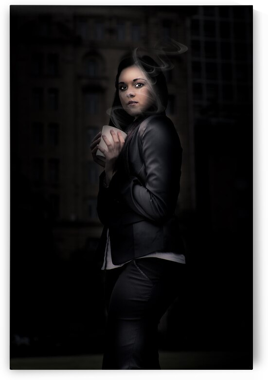 Mysterious Woman Standing In Darkness With Coffee by Jorgo