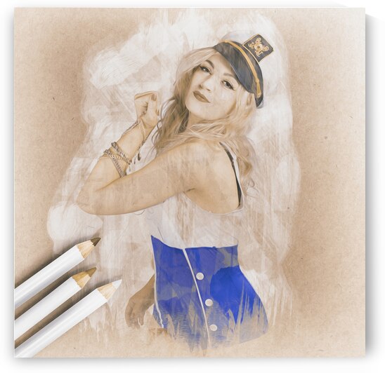 Artistic pencil drawing of a sailor pinup woman by Jorgo