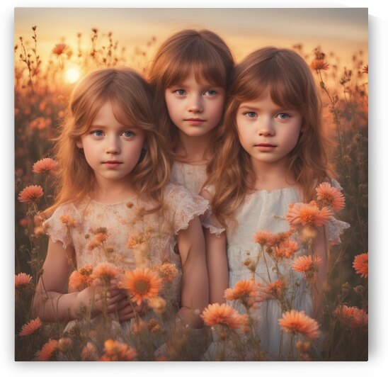 trois petites filles dans un champt de fleurs sauvage au coucher du soleil by AIGALLERY