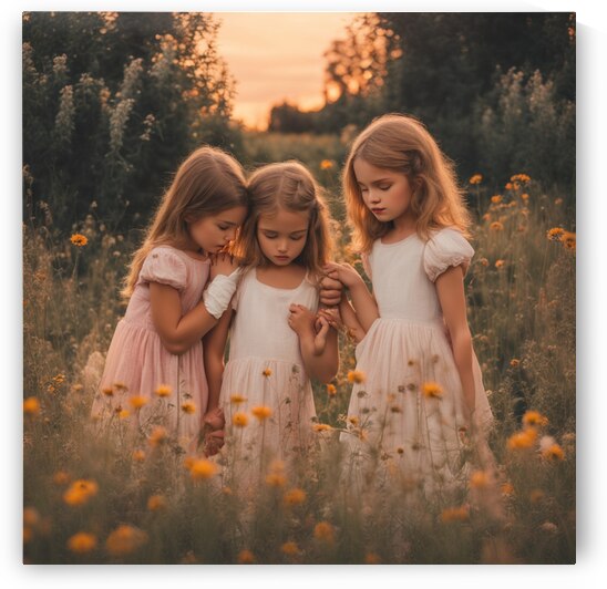 trois petites filles dans un champt de fleurs sauvage au coucher du soleil by AIGALLERY