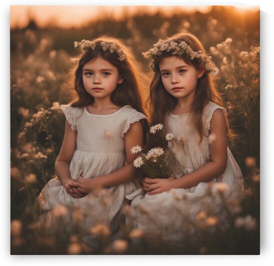 trois petites filles dans un champt de fleurs sauvage au coucher du soleil by AIGALLERY