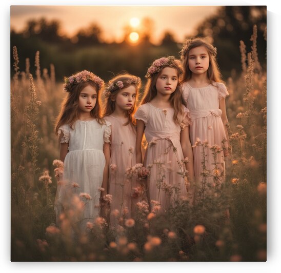 trois petites filles dans un champt de fleurs sauvage au coucher du soleil by AIGALLERY