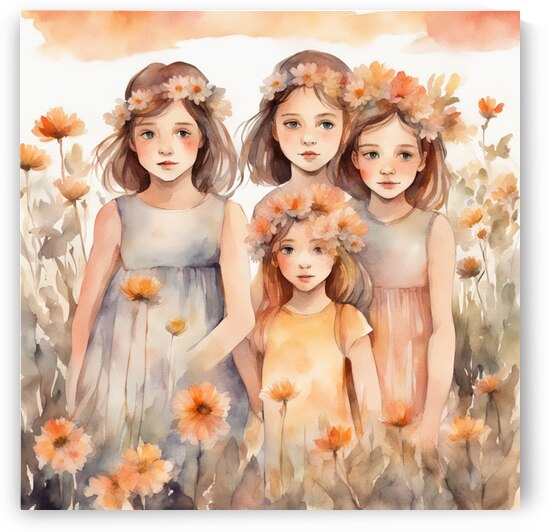 trois petites filles dans un champt de fleurs sauvage au coucher du soleil Watercolor style by AIGALLERY