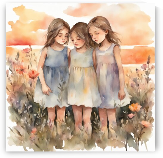 trois petites filles dans un champt de fleurs sauvage au coucher du soleil Watercolor style by AIGALLERY