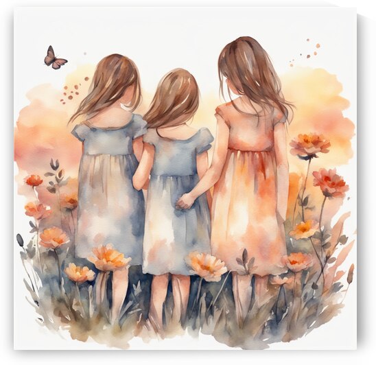 trois petites filles dans un champt de fleurs sauvage au coucher du soleil Watercolor style by AIGALLERY