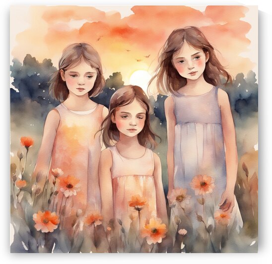 trois petites filles dans un champt de fleurs sauvage au coucher du soleil Watercolor style by AIGALLERY