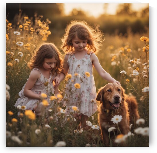  petites filles dans un champt de fleurs sauvage avec un chien au lever du soleil  by AIGALLERY