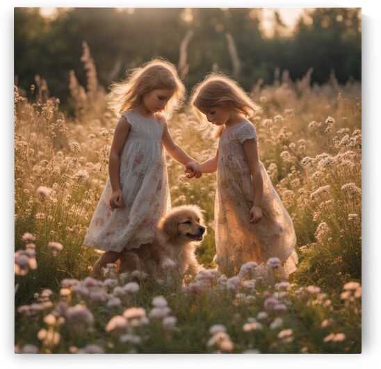  petites filles dans un champt de fleurs sauvage avec un chien au lever du soleil  by AIGALLERY