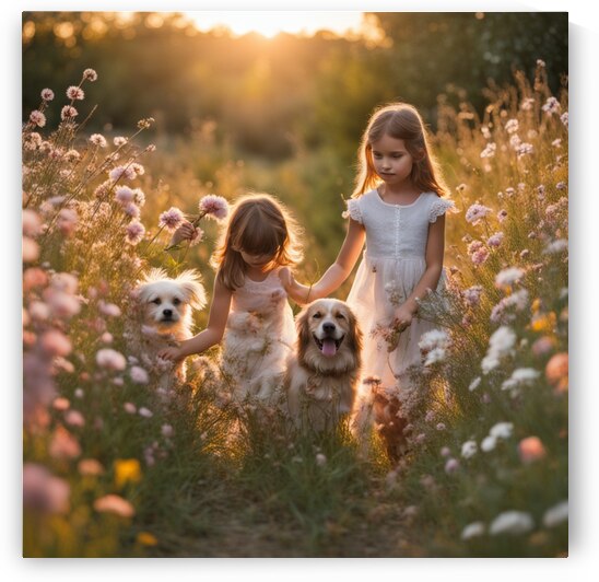  petites filles dans un champt de fleurs sauvage avec un chien au lever du soleil  by AIGALLERY