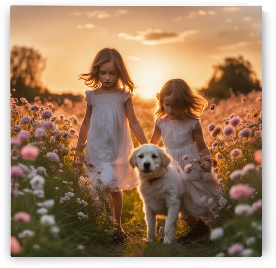  petites filles dans un champt de fleurs sauvage avec un chien au lever du soleil  by AIGALLERY