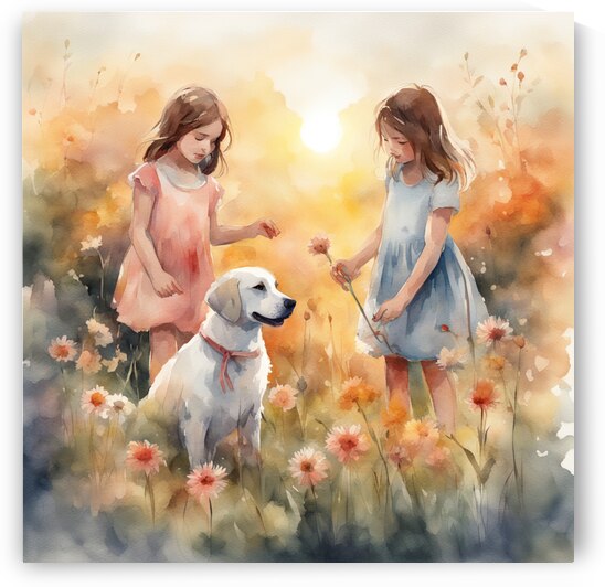  petites filles dans un champt de fleurs sauvage avec un chien au lever du soleil  Watercolor style by AIGALLERY