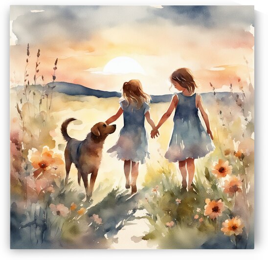  petites filles dans un champt de fleurs sauvage avec un chien au lever du soleil  Watercolor style by AIGALLERY