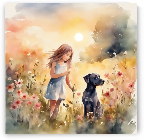  petites filles dans un champt de fleurs sauvage avec un chien au lever du soleil  Watercolor style by AIGALLERY