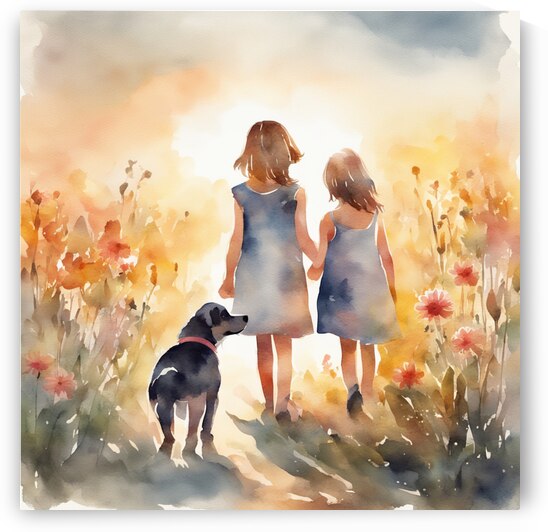  petites filles dans un champt de fleurs sauvage avec un chien au lever du soleil  Watercolor style by AIGALLERY