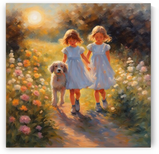  petites filles dans un champt de fleurs sauvage avec un chien au lever du soleil  Impressionism style by AIGALLERY