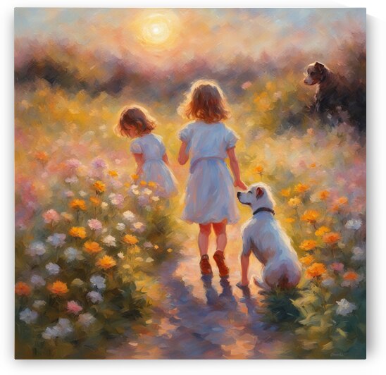  petites filles dans un champt de fleurs sauvage avec un chien au lever du soleil  Impressionism style by AIGALLERY
