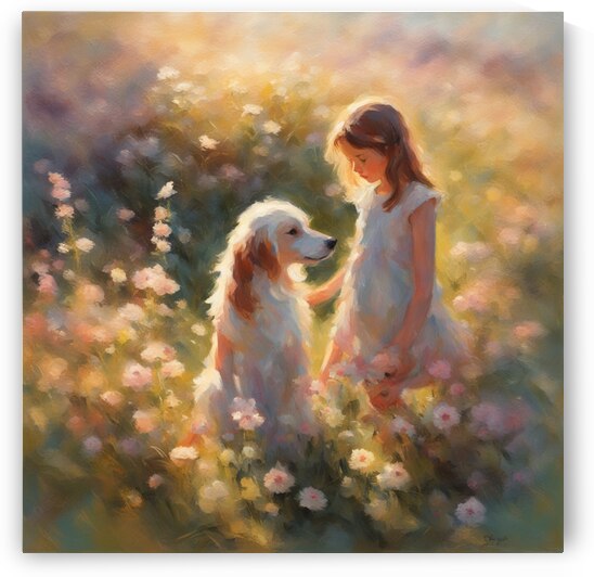  petites filles dans un champt de fleurs sauvage avec un chien au lever du soleil  Impressionism style by AIGALLERY