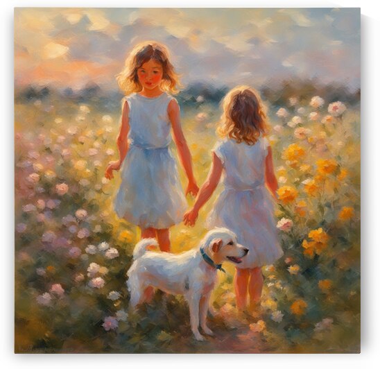  petites filles dans un champt de fleurs sauvage avec un chien au lever du soleil  Impressionism style by AIGALLERY