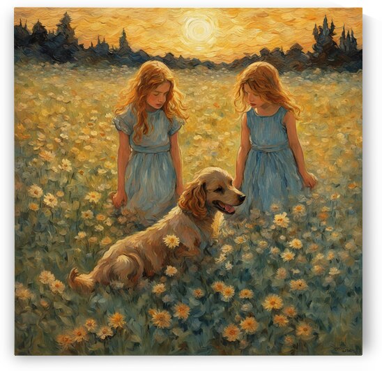  petites filles dans un champt de fleurs sauvage avec un chien au lever du soleil  Van Gogh style by AIGALLERY