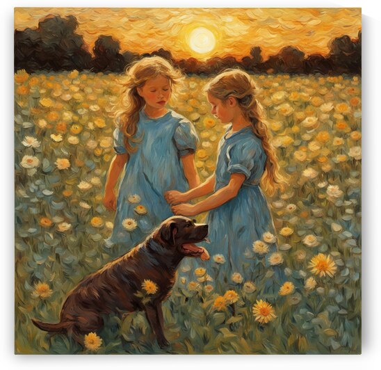  petites filles dans un champt de fleurs sauvage avec un chien au lever du soleil  Van Gogh style by AIGALLERY