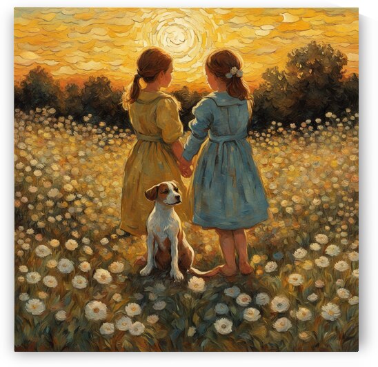  petites filles dans un champt de fleurs sauvage avec un chien au lever du soleil  Van Gogh style by AIGALLERY
