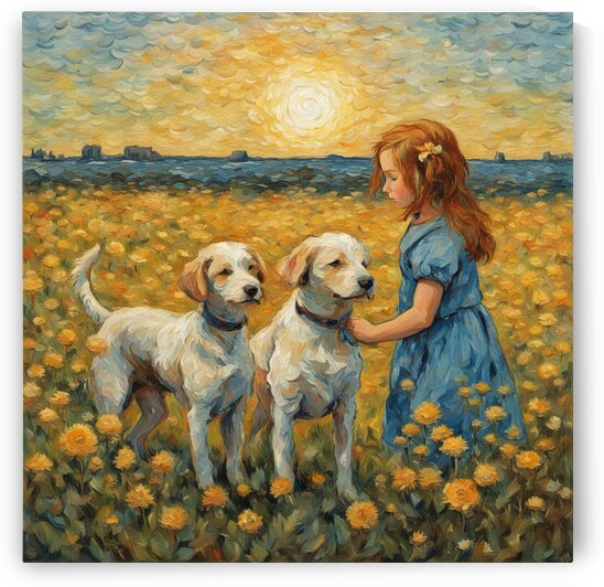  petites filles dans un champt de fleurs sauvage avec un chien au lever du soleil  Van Gogh style by AIGALLERY